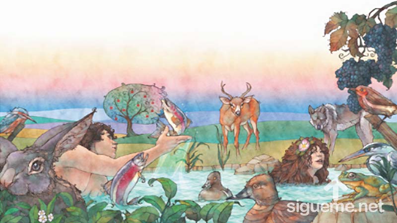 Ilustracion de la historia biblica Adan y Eva en el huerto del Eden
