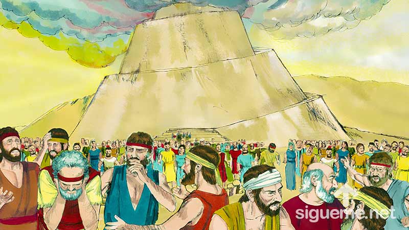 Ilustracion de la historia biblica  La Torre de Babel Dios confunde el lenguaje de los hombres