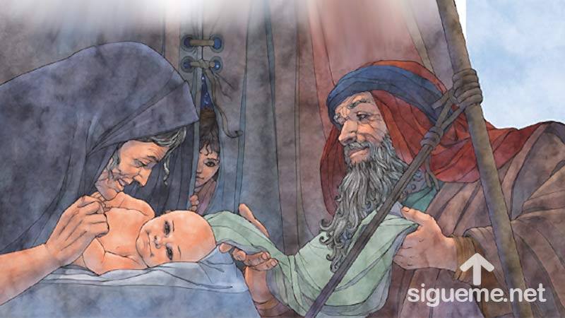Ilustracion de la historia biblica  Sara, esposa de Abraham da a luz a Isaac