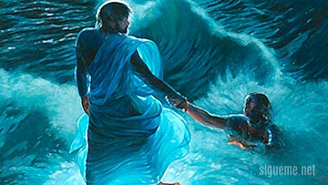 Jesus caminando sobre las aguas del mar de Galilea rescata a Pedro