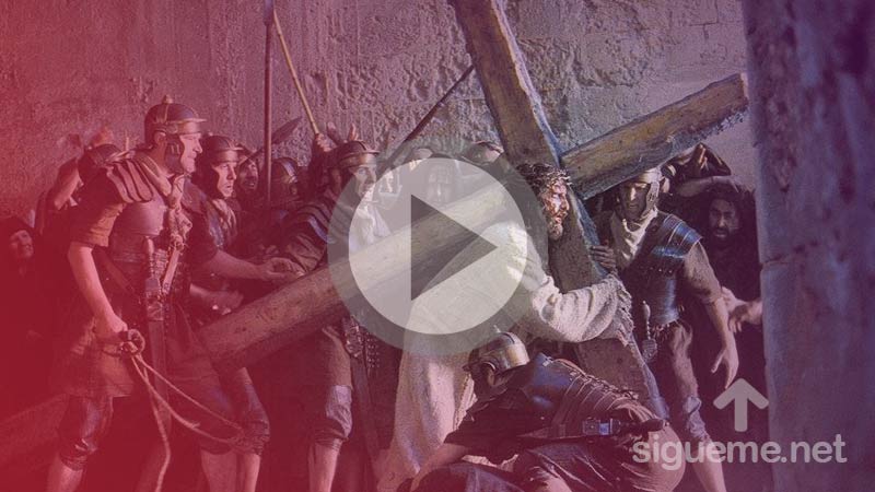 Jesus cargando la cruz en la pelicula la Pasion de Cristo de Mel Gibson