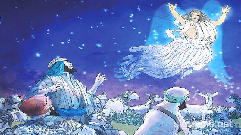 Ilustracion de la historia biblica Un Angel anuncia a los pastores de Belén el nacimiento de Jesús en un pesebre