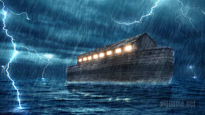 el arca de Noe en plena tormenta e inundacion