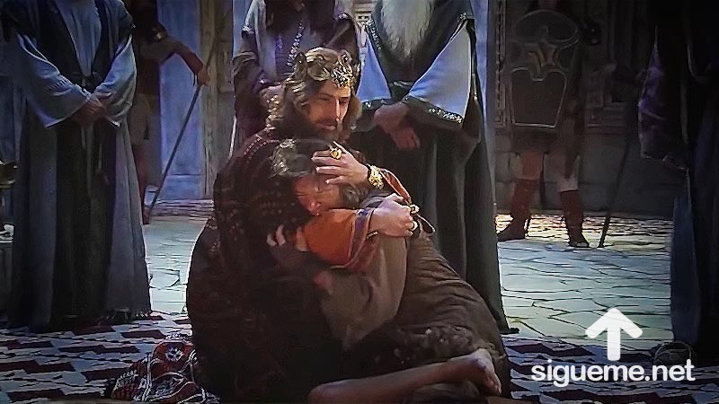 El rey David recibe en el palacio a Mefiboset, hijo de Jonatan