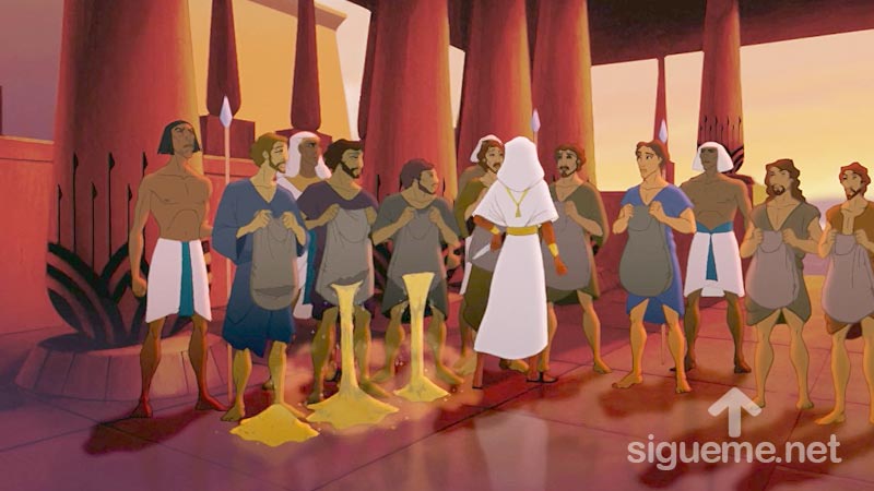 Ilustracion de la historia biblica Jose corta los sacos de trigo de sus hermanos en busca de su copa de plata