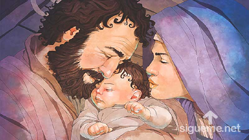 Ilustracion de la historia biblica  Jose y María junto al niño Jesús recién nacido!