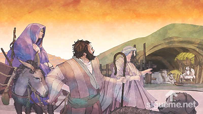 Ilustracion de la historia biblica José y María llegan al establo donde dio a luz al niño Jesús