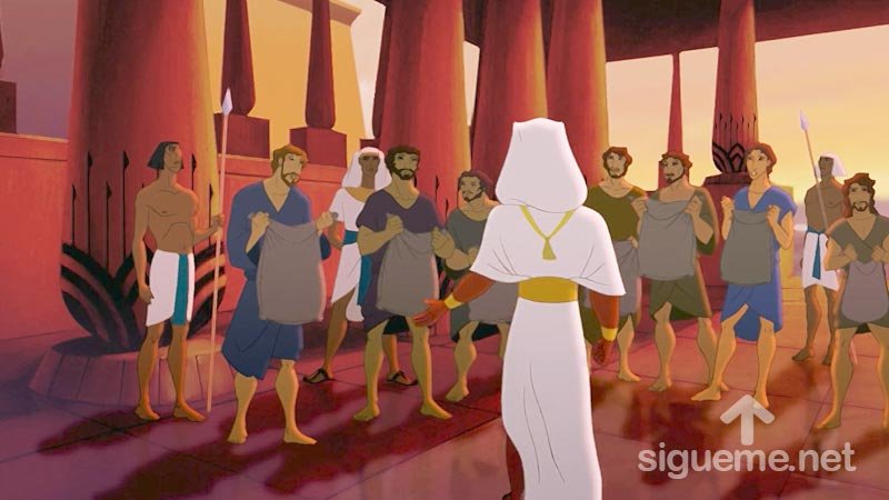 Ilustracion de la historia biblica Los hermanos de Jose compran alimentos en Egipto