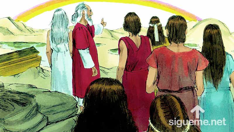 Ilustracion de la historia biblica Noe y su familia descienden del Arca a tierra firme