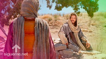 Jesus y la Mujer Samaritana conversan en el pozo de Jacob