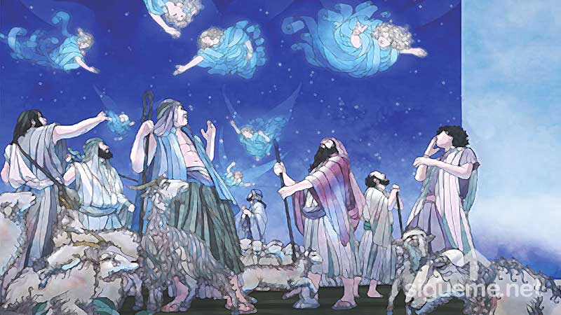 Ilustracion de la historia biblica  Una multitud de ángeles cantan ¡Gloria a Dios en las alturas y paz en la Tierra a todos los hombres!